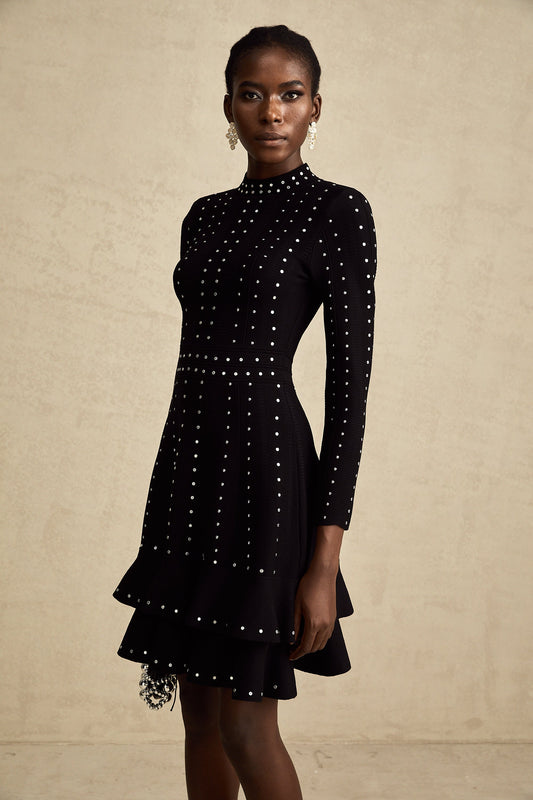 Fabienne black embellished ruffled knitted mini dress