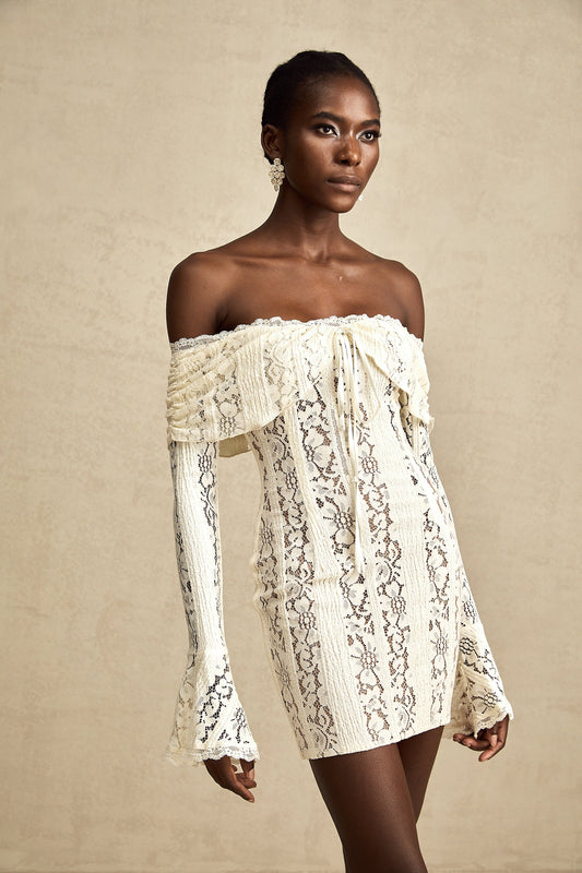 Amelier floral lace flared-cuff mini dress in Neutrals