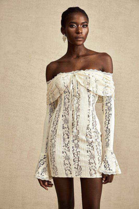 Amelier floral lace flared-cuff mini dress in Neutrals