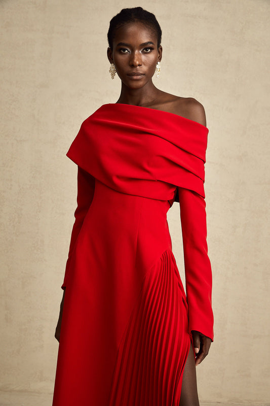 Valentine Red Pleated Maxi Dress with High Slit