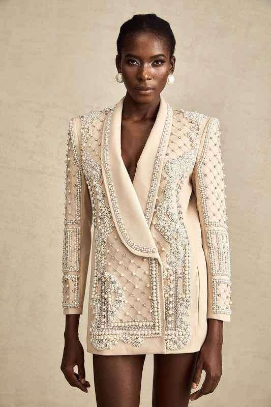 Hélène khaki shawl-lapel beaded blazer dress