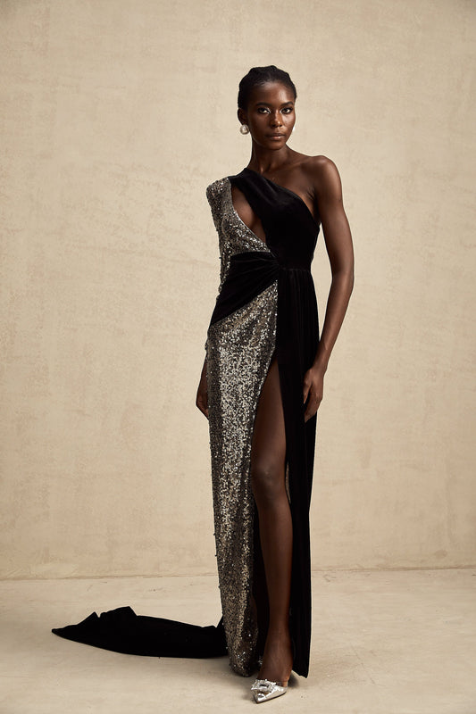 Juliette sequin-embellished asymmetrical maxi dress