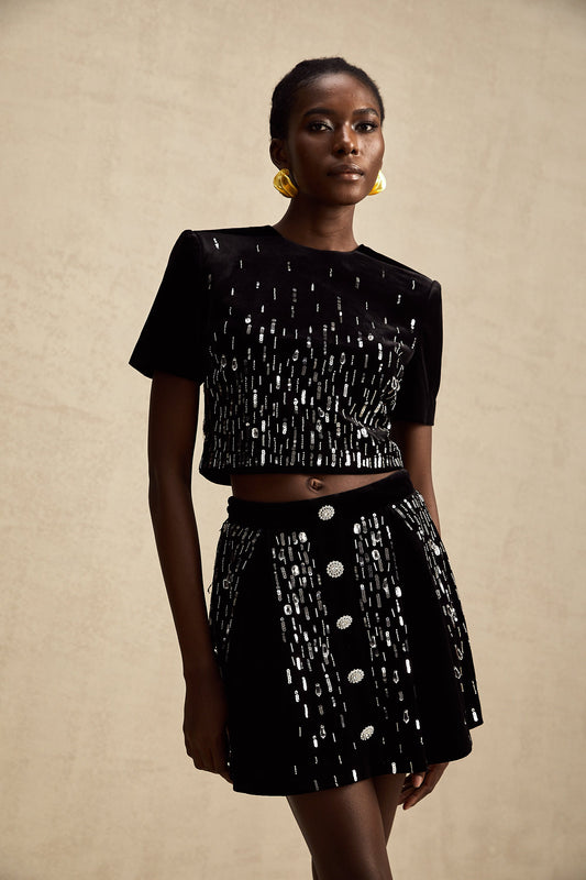Isabeau black velvet embellished top & skirt matching set (US Only)