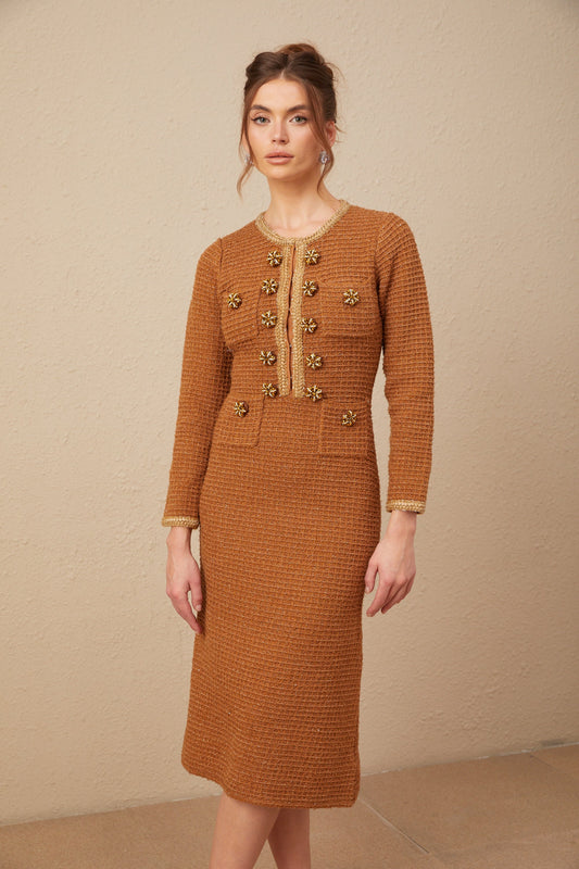 Epona brown braided-edge tweed dress