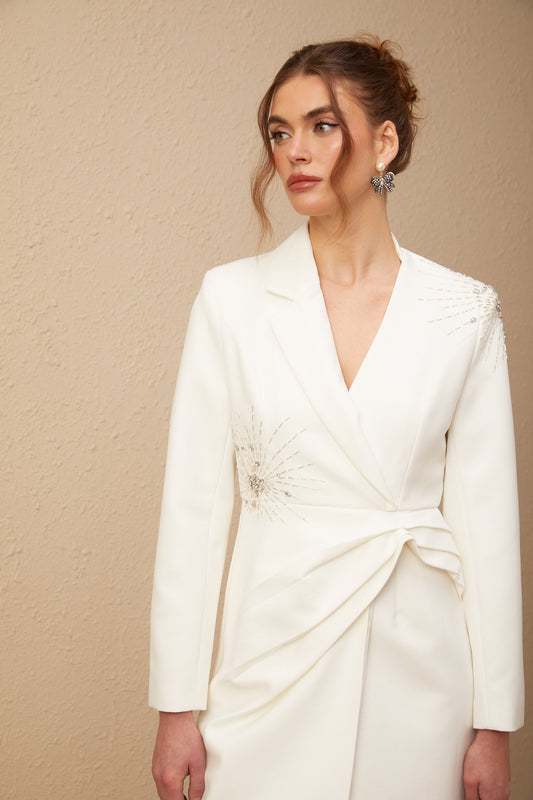 Mireille white embellished asymmetrical blazer dress