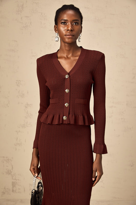 Corrine red ruffled knit top & skirt matching set