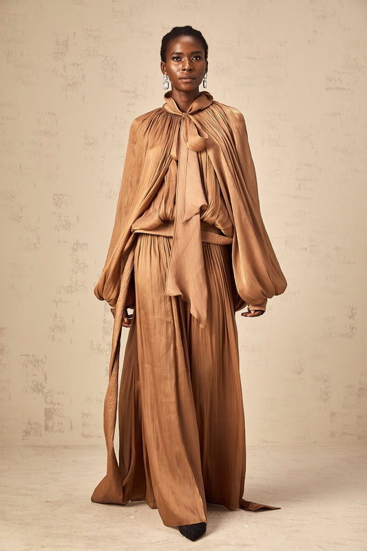 Mila Brown Pleated Satin Maxi Dress