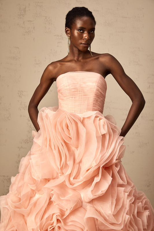 Leane Pink Off-Shoulder Tulle Midi Dress with 3D Petal Detail