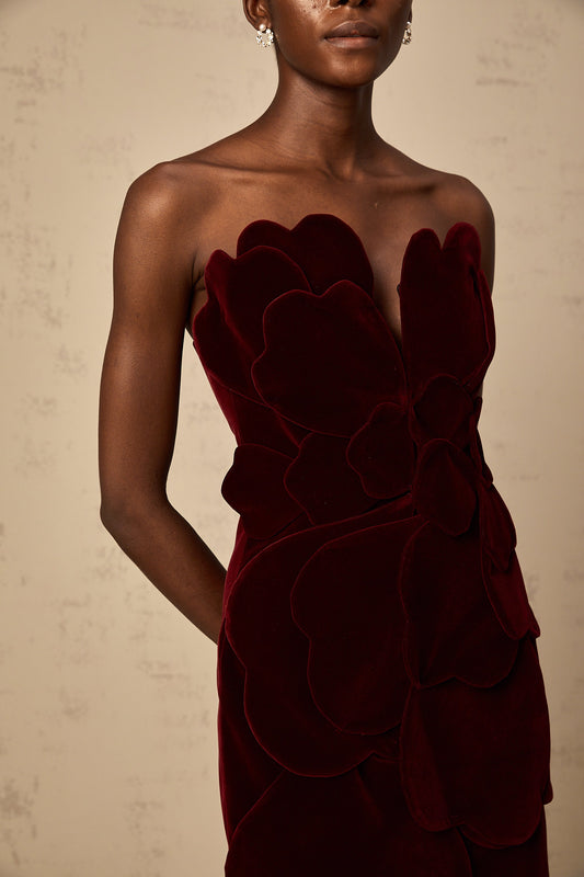 Maïwenn red floral-appliqué velvet mini dress