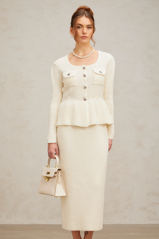Manon white knitted top & skirt matching set