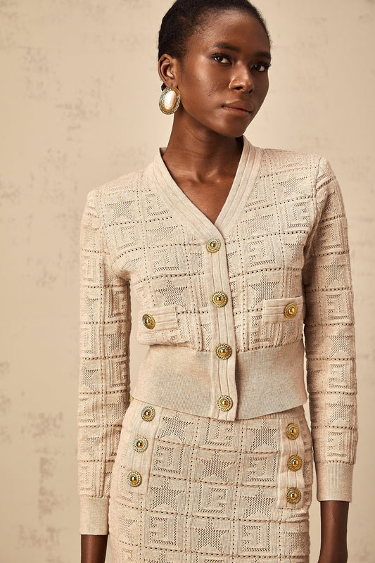 Leonie khaki star-motif crochet knit cardigan & skirt matching set