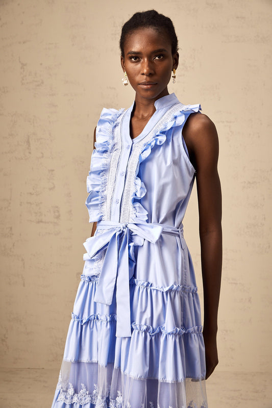 Olena blue ruffled floral-lace trimmed tiered midi dress