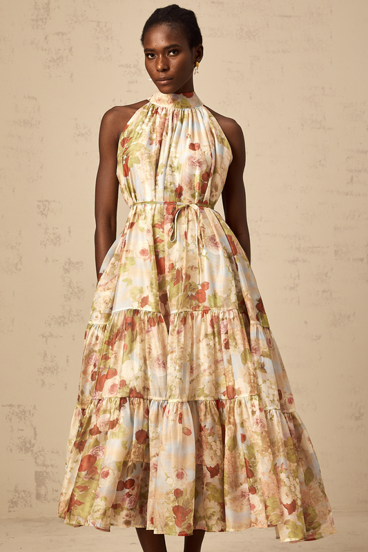 Ulani floral-print sleeveless midi dress in Neutrals