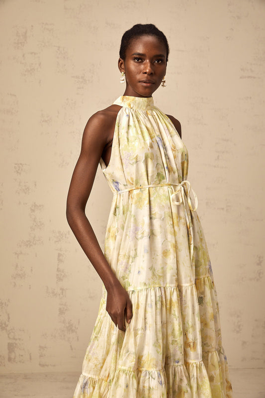 Ulani floral-print sleeveless midi dress in Yellow