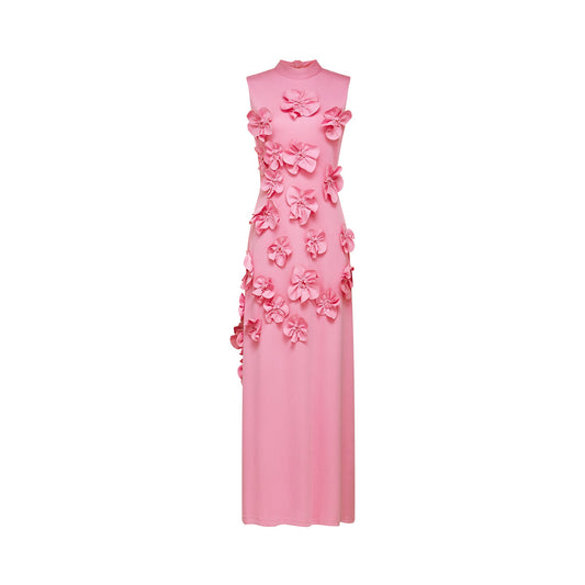 Magali Pink Sleeveless Maxi Dress with Faux Flower & Bow-Tie Embellishment