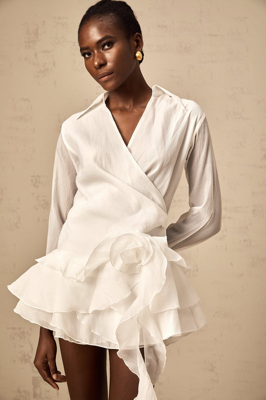 Solène white semi-sheer floral ruffled mini dress