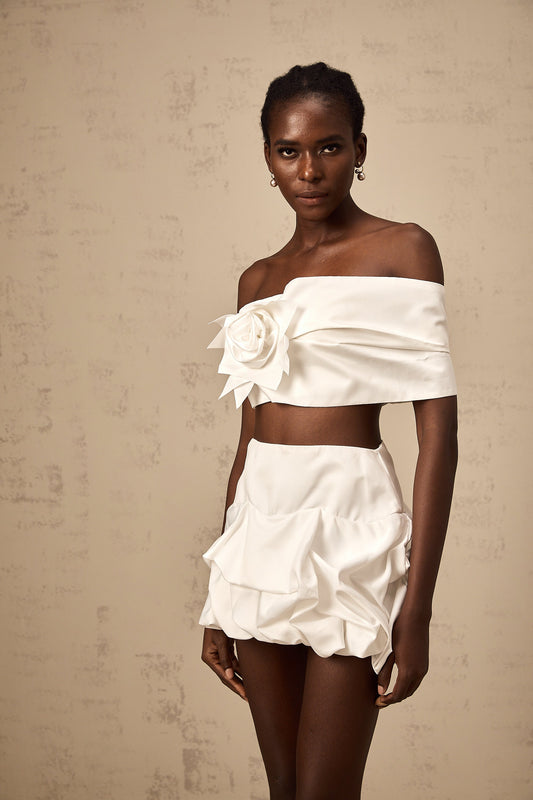 Honorine white floral pleated top & skirt matching set