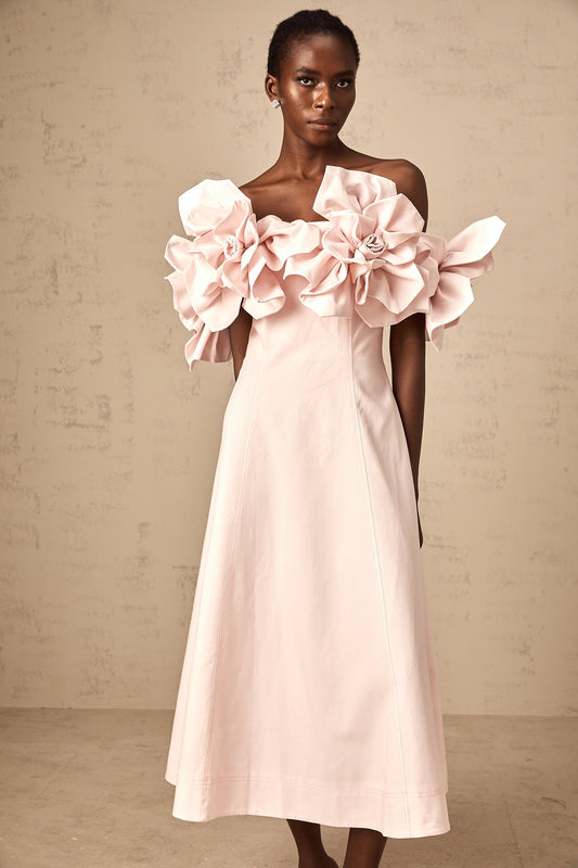 Juliette pink off-shoulder 3D-petal midi dress