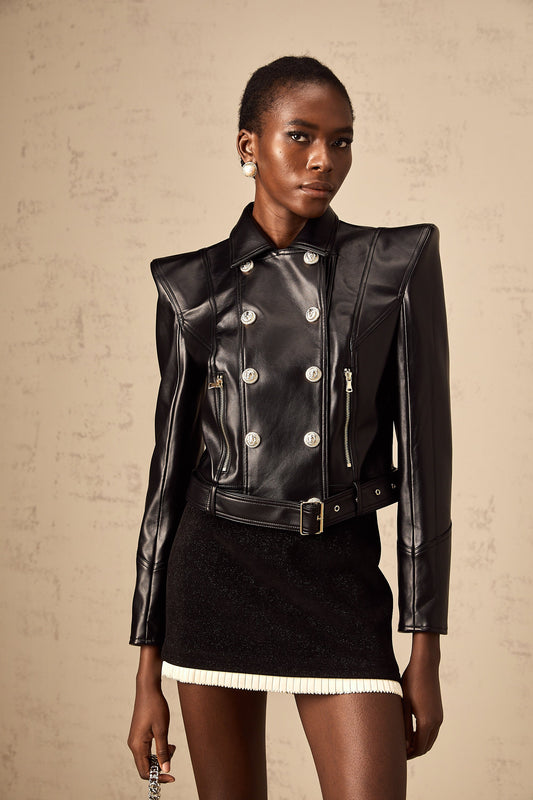 Diane black faux-leather double-breasted jacket