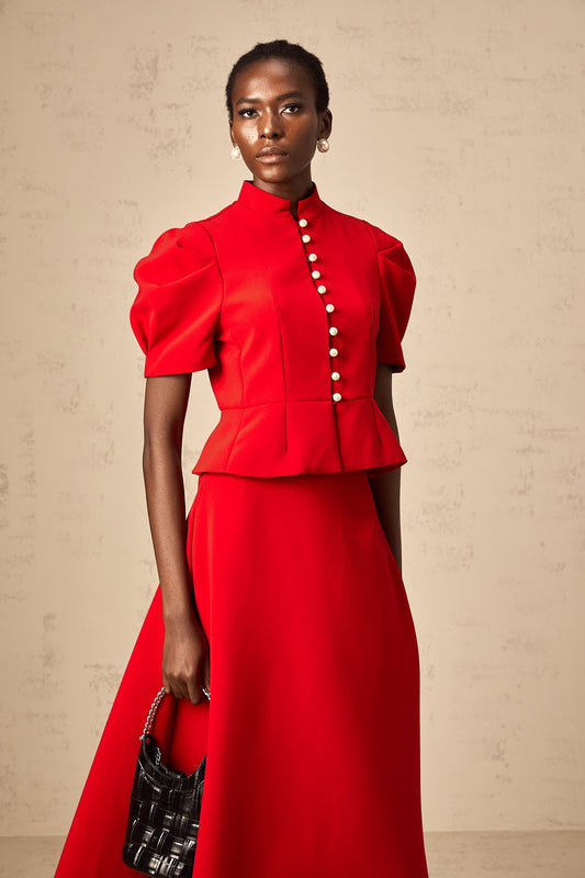 Colette red pleated blouse & skirt matching set