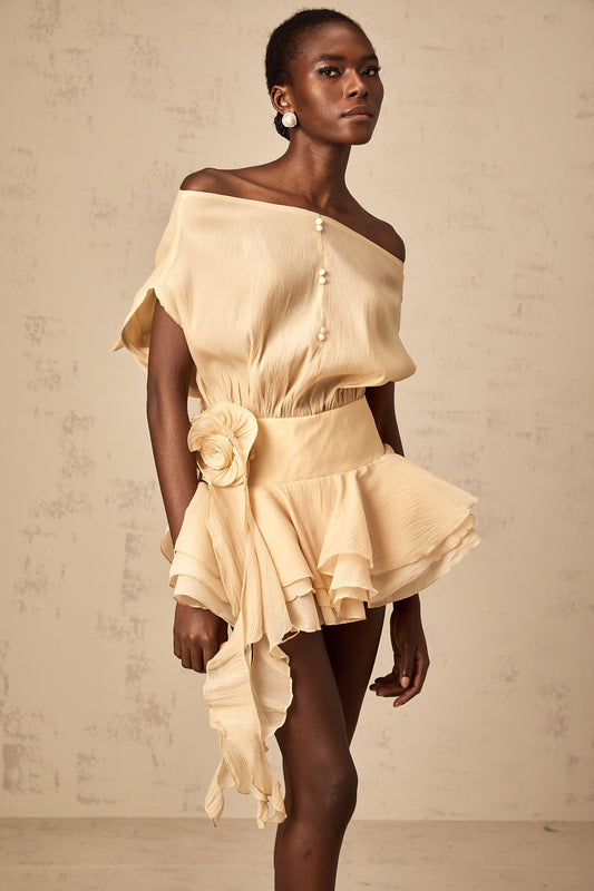 Amélie floral-appliqué flounced mini dress in Neutrals