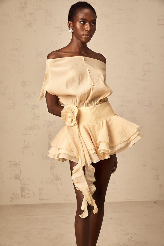 Amélie floral-appliqué flounced mini dress in Neutrals