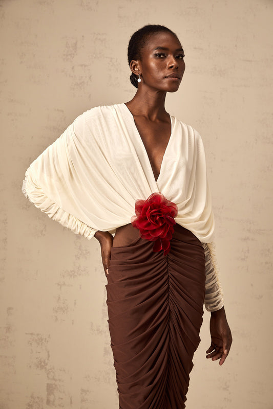 Léontine color-blocked flower-brooch ruched midi dress