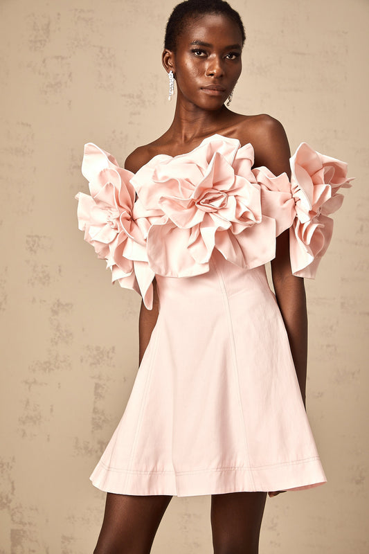 Juliette pink off-shoulder 3D-petal mini dress