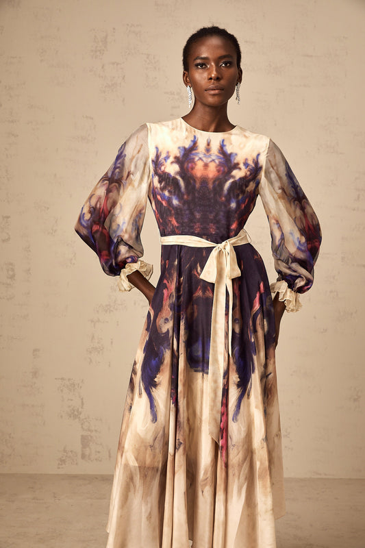 Urbaine smudged graffiti-print silk midi dress