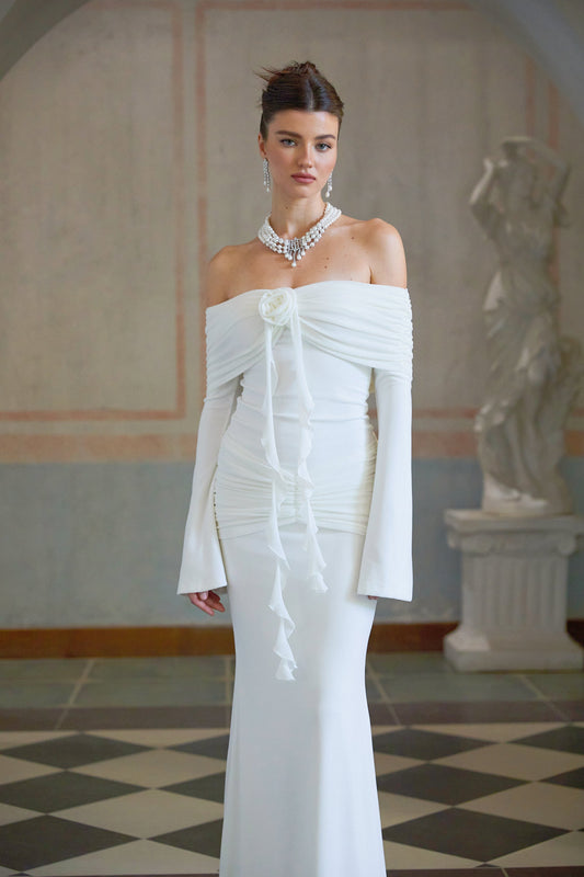 Wanda white glittered floral-appliqué knit maxi dress