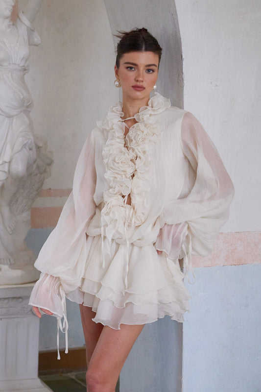 Zéphyrine floral-appliqué tiered mini dress in Neutrals