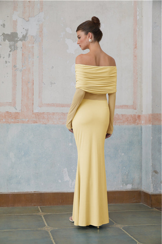Ninon Yellow Off Shoulder Ruched Maxi Dress