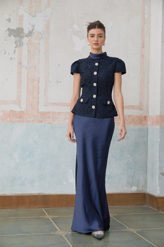 Josette blue peplum-waist panelled maxi dress