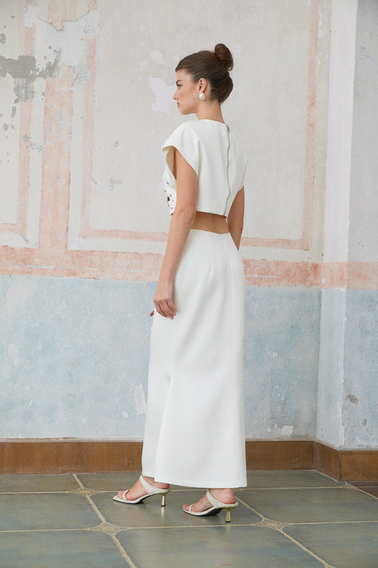 Delphine white shell-embellished top & skirt matching set