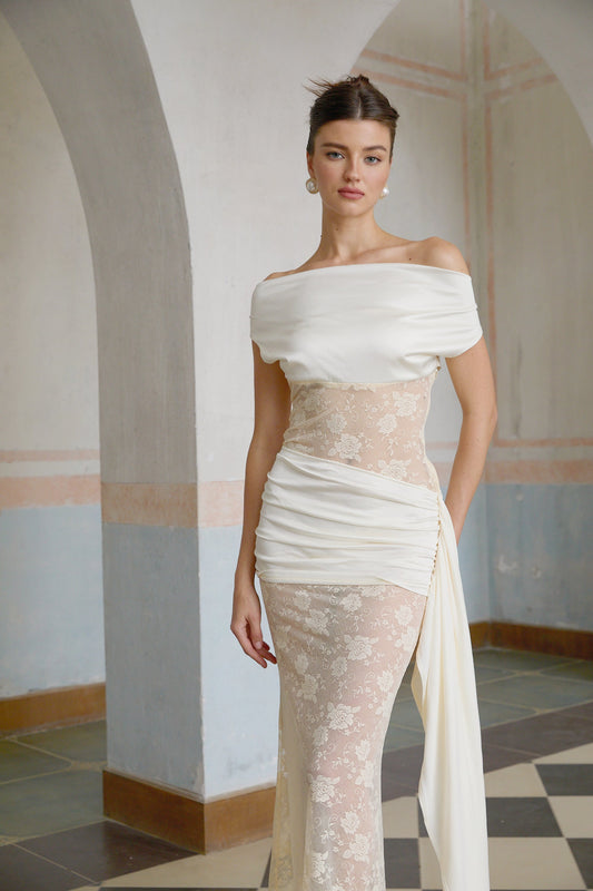 Lilou neutrals ribbon panelled floral-lace maxi dress