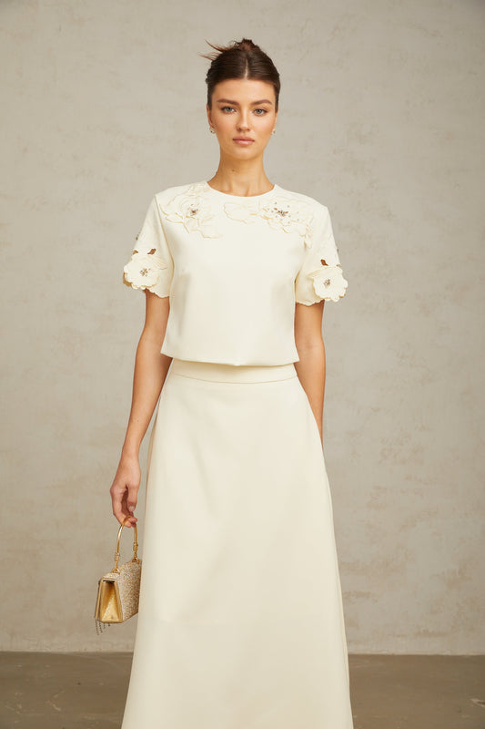 Coralie neutrals 3D-petal top & skirt matching set