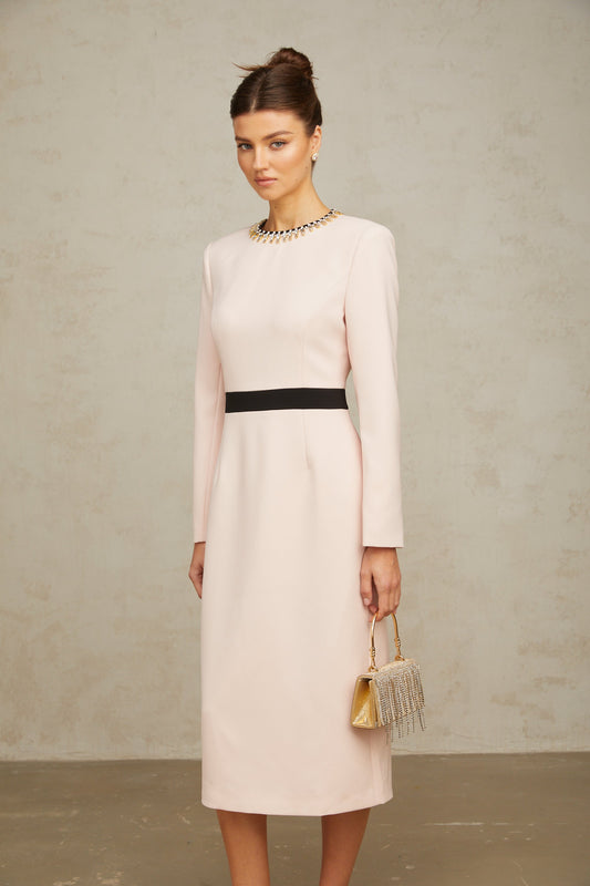 Anaïs pink crystal color-blocked midi dress