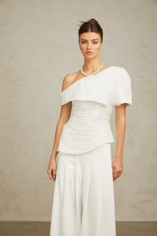 Adèle creased top & trousers matching set in White