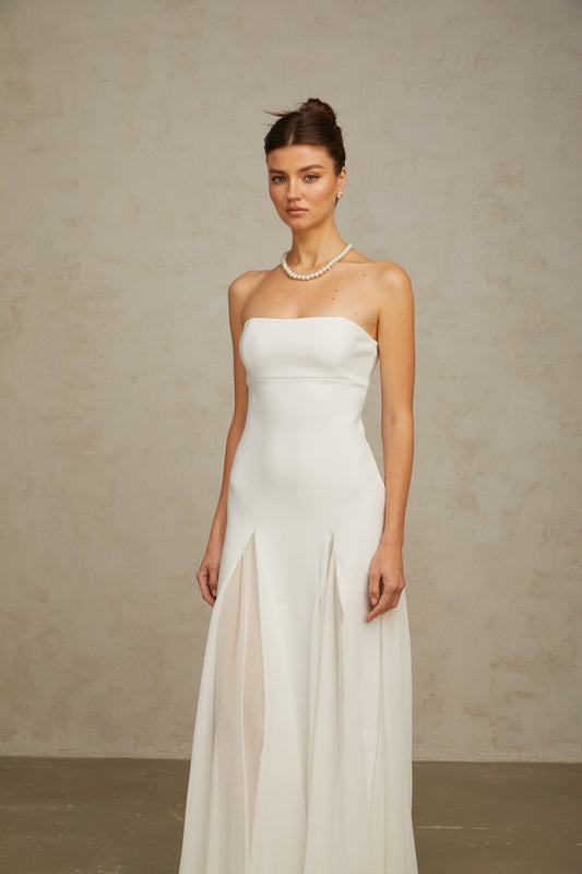 Nathalie white tulle-panelling maxi dress