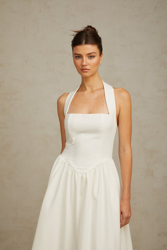 Alizée halterneck pleated midi dress in White