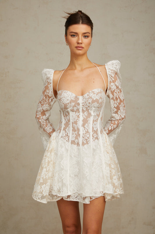 Vivienne white floral-lace corset mini dress