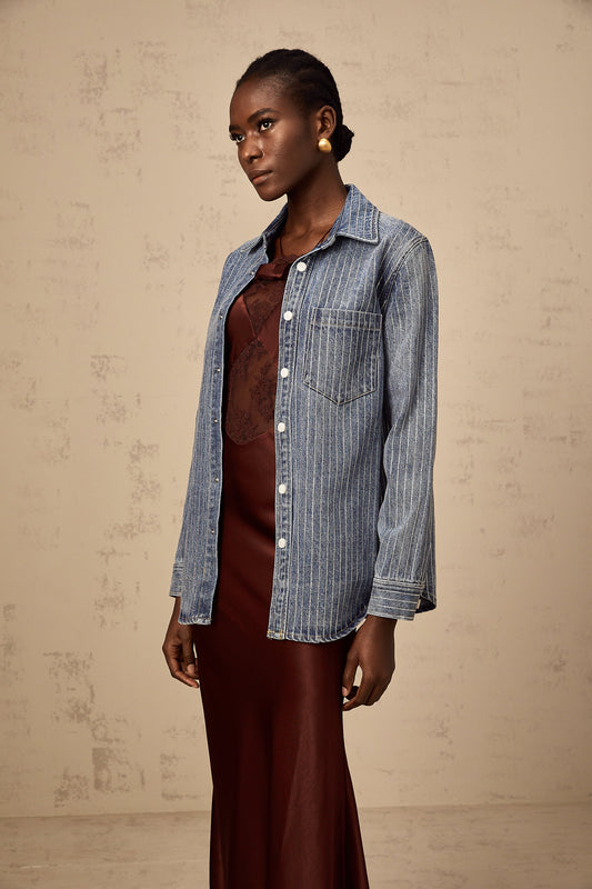 Joséphine blue embellished vertical-stripe denim shirt