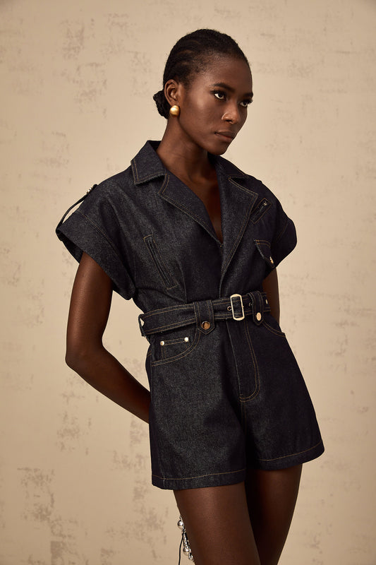 Chloé blue denim belted playsuit