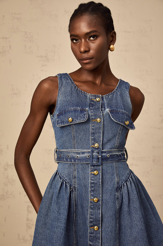 Vérane blue belted denim mini dress