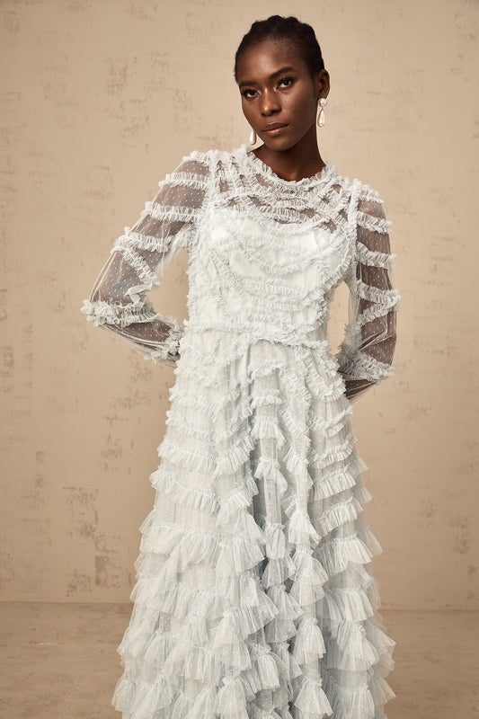 Adélaïde blue dot-detail ruffled midi dress