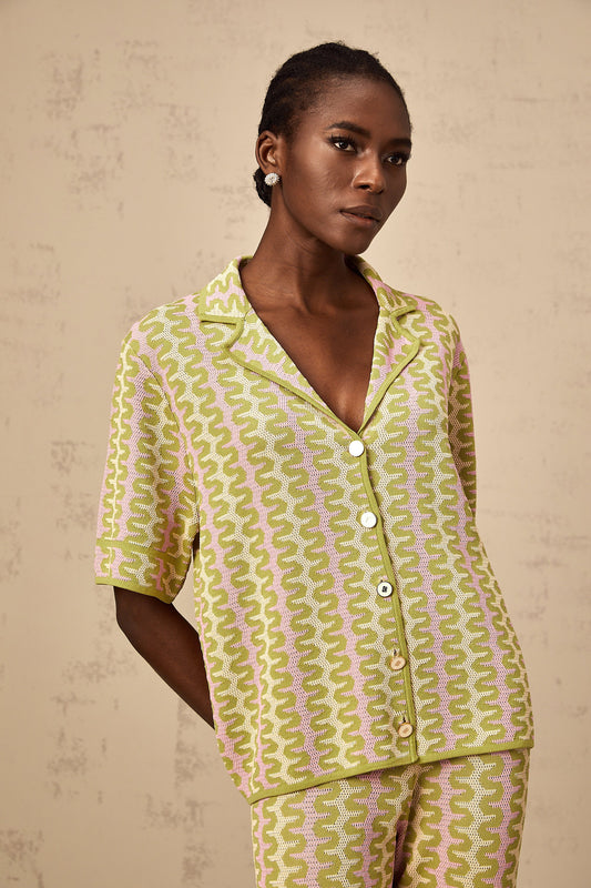 Ophélie green color-block knitted shirt & trousers matching set