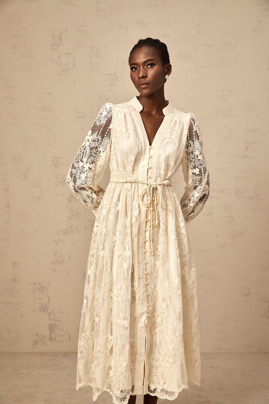 Roxane neutrals lace-embroidered midi dress