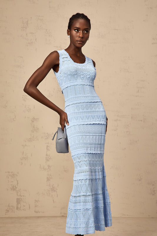 Mailys blue ruffled-trim crochet-knit midi dress