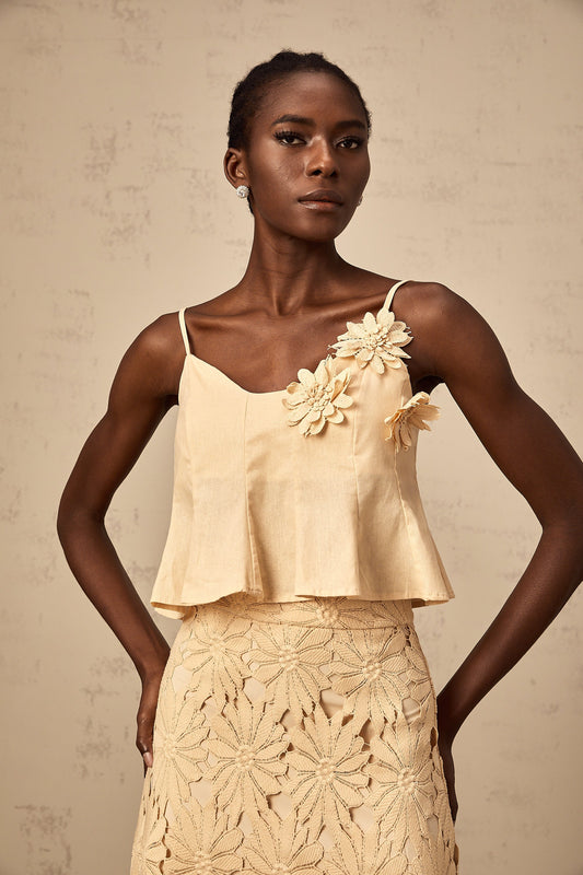 Céline khaki cut-out flared top & skirt matching set