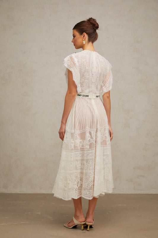 Phoebe white jacquard floral-lace pleated midi dress